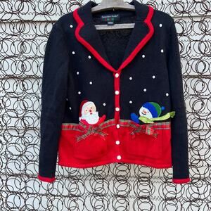 Vintage Y2K Ugly Christmas Winter Cardigan Sweater Santa Snowman Pockets PS
